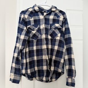 Frye Blue and White Flannel Button Up Shirt